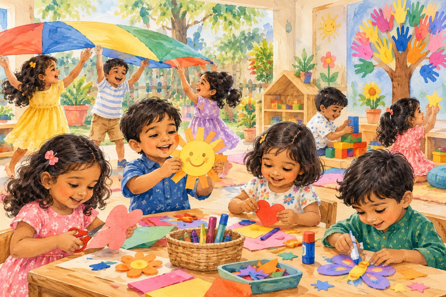 Watercolor illustration of children enjoying crafts and play at preschool