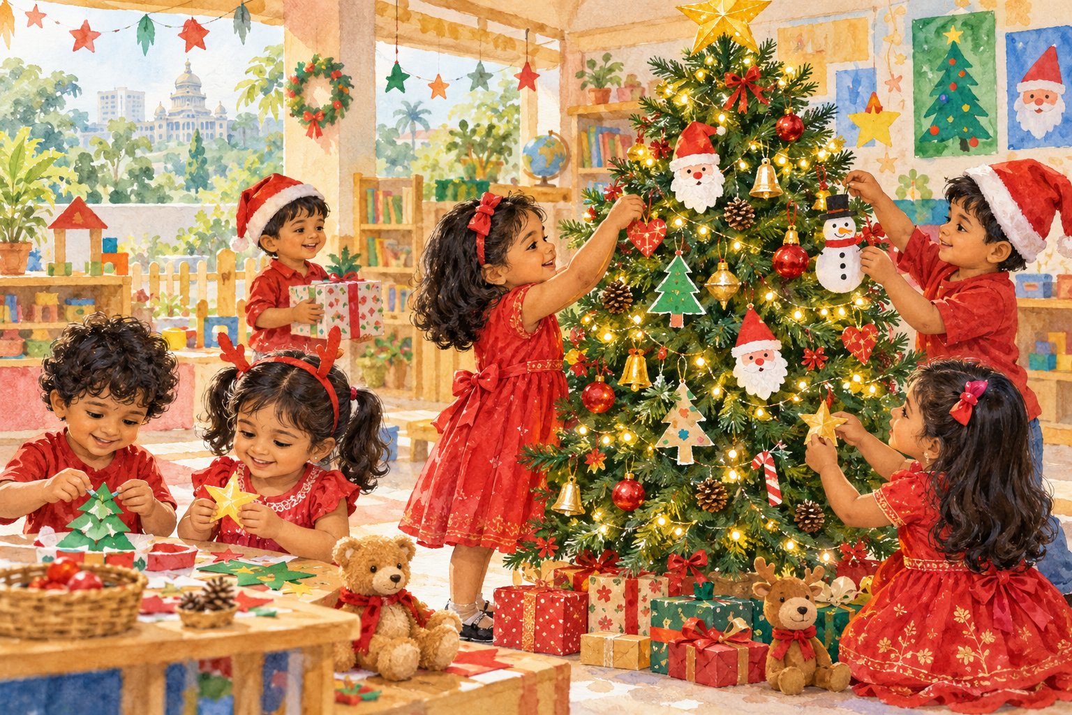 Watercolor illustration of children decorating a Christmas tree at preschool