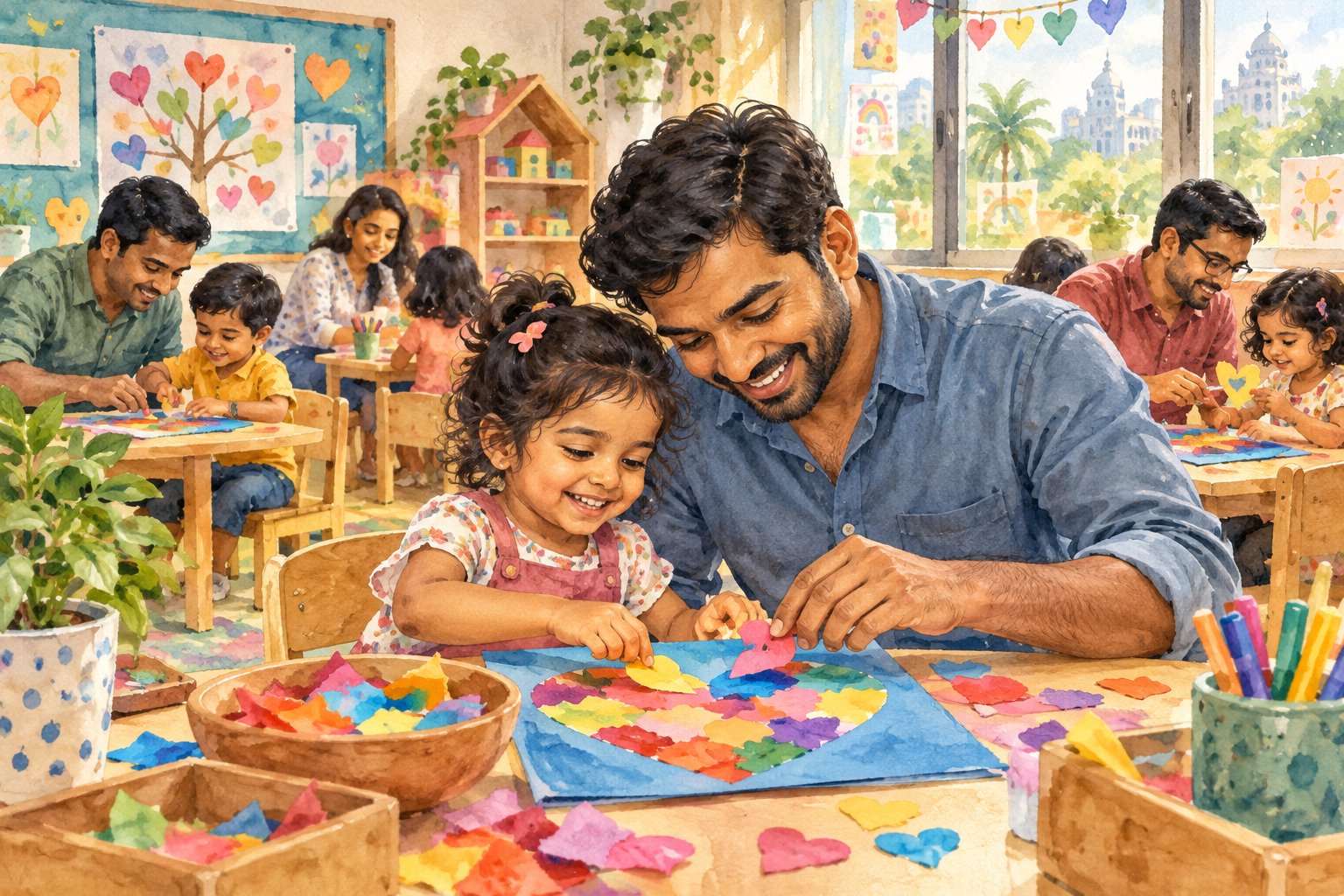 Watercolor illustration of a father and child making crafts at preschool