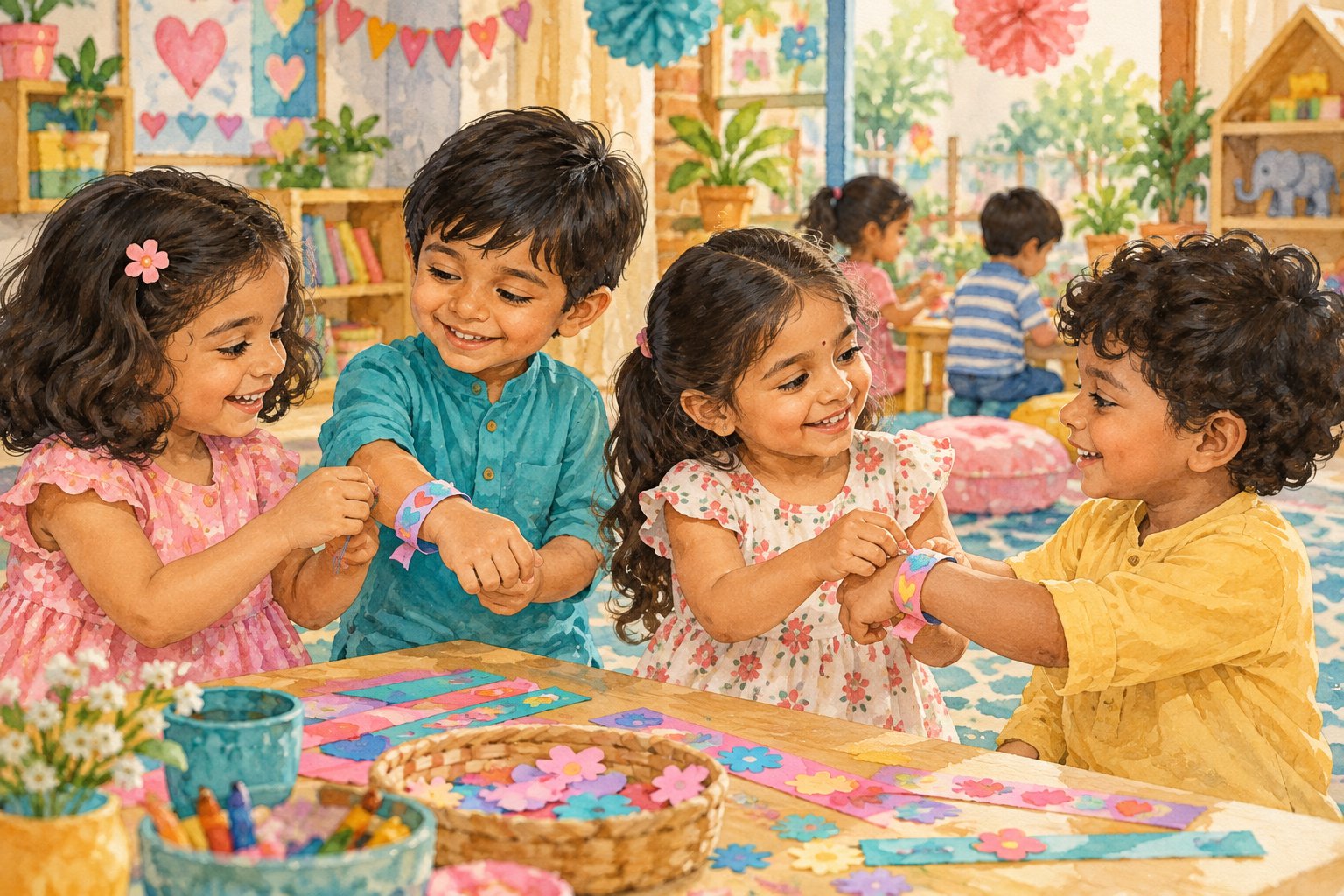 Watercolor illustration of preschool children exchanging friendship bracelets