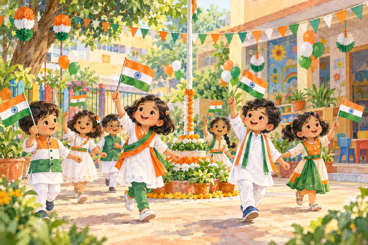 Watercolor illustration of children with Indian flags at school