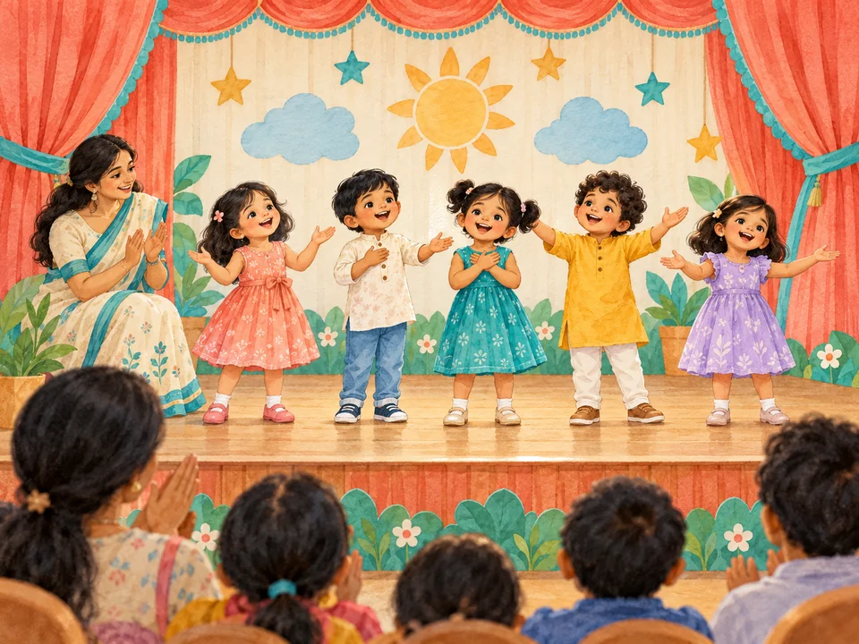 Watercolor illustration of children performing on stage with a supportive teacher