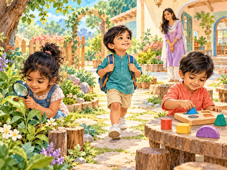 Watercolor illustration of confident children independently exploring a school garden
