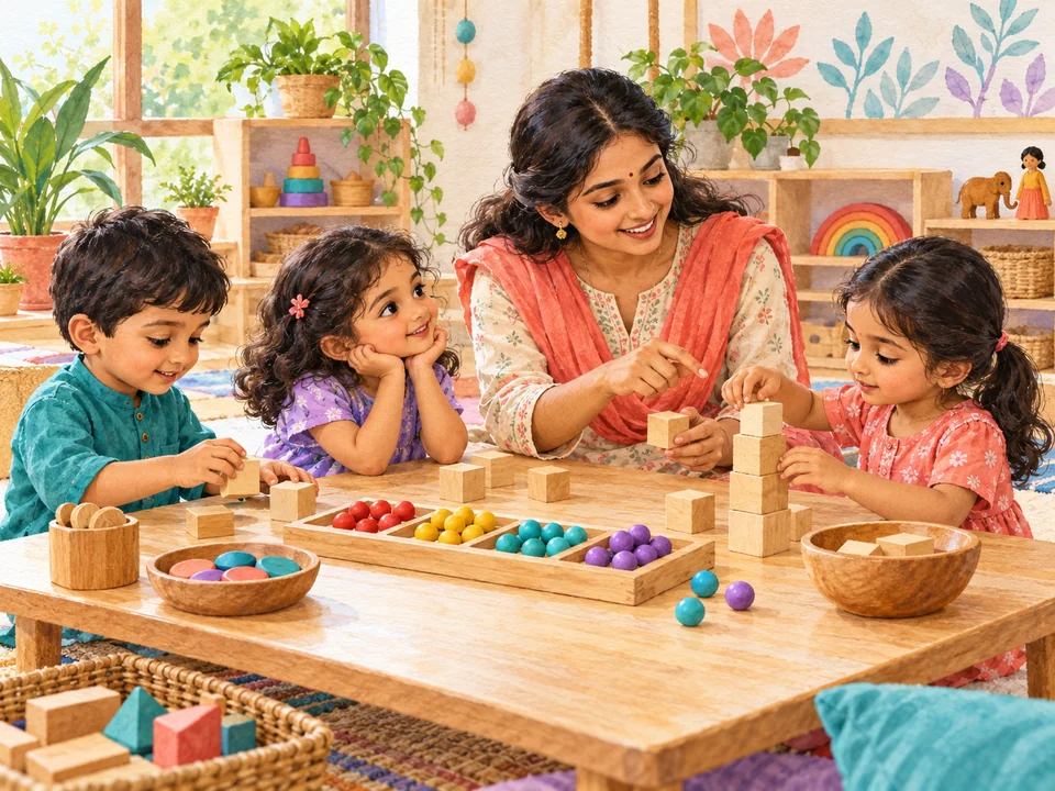 Watercolor illustration of a teacher guiding children through a hands-on learning activity
